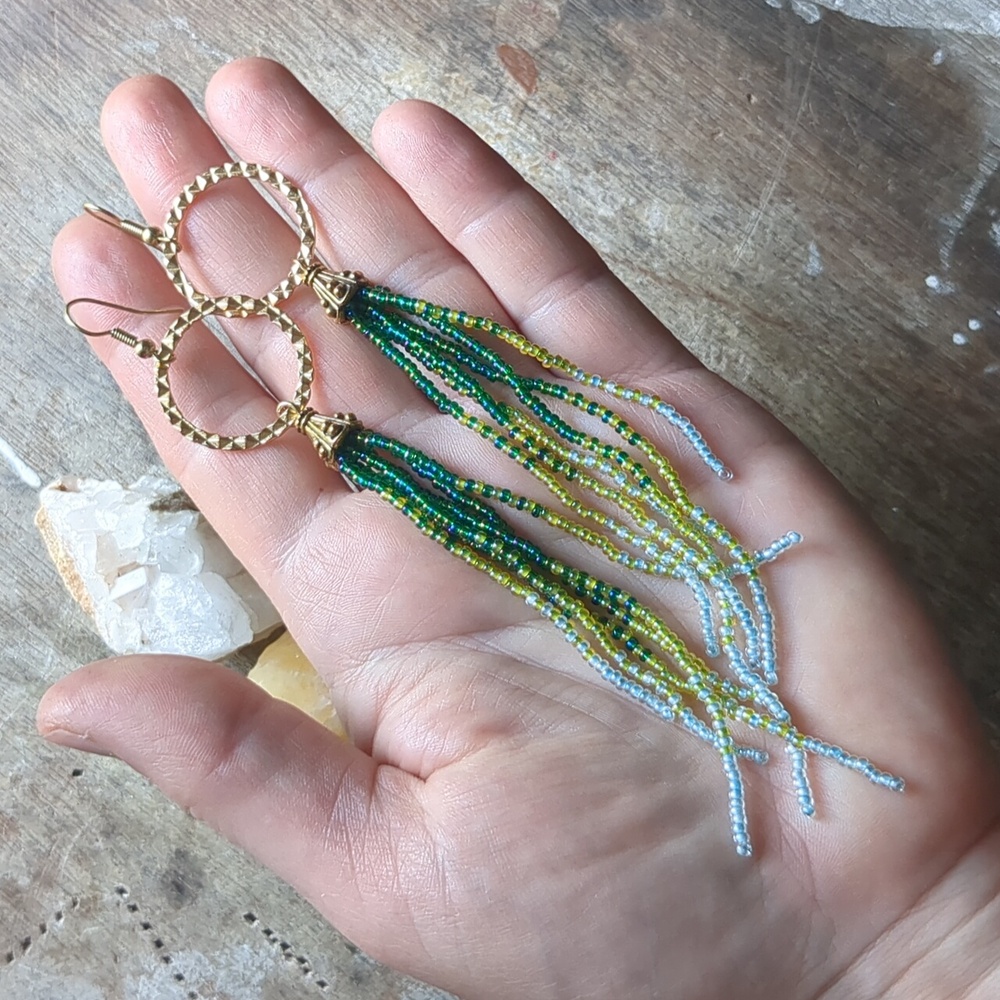 Handmade Gold and Green Beaded Earrings